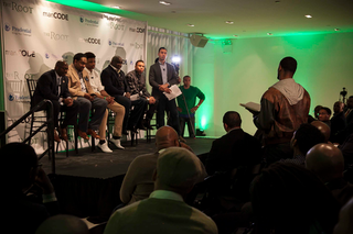 The panelists: Prudential Annuities executive Benjamin E. Robinson III; digital and technology consultant Navarrow Wright; Emery Snipes, the son of the late Eric Garner; the Rev. Anthony L. Trufant; actor and musician Rotimi; and the moderator, Tinypass executive Kweli Washington. (Derrick Davis/The Root)